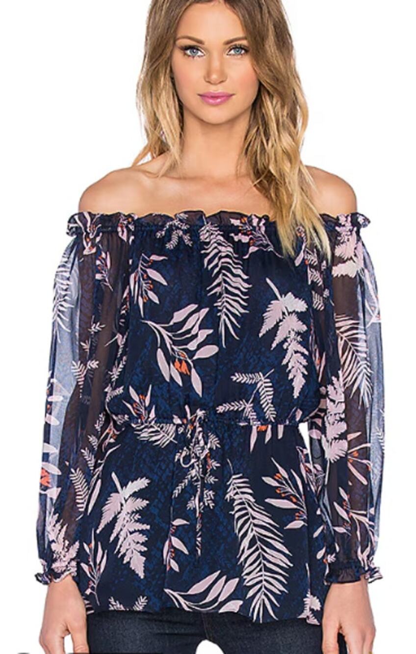 Diane von Furstenberg Camila 100% Silk Floral Off Shoulder Top Navy Size 6